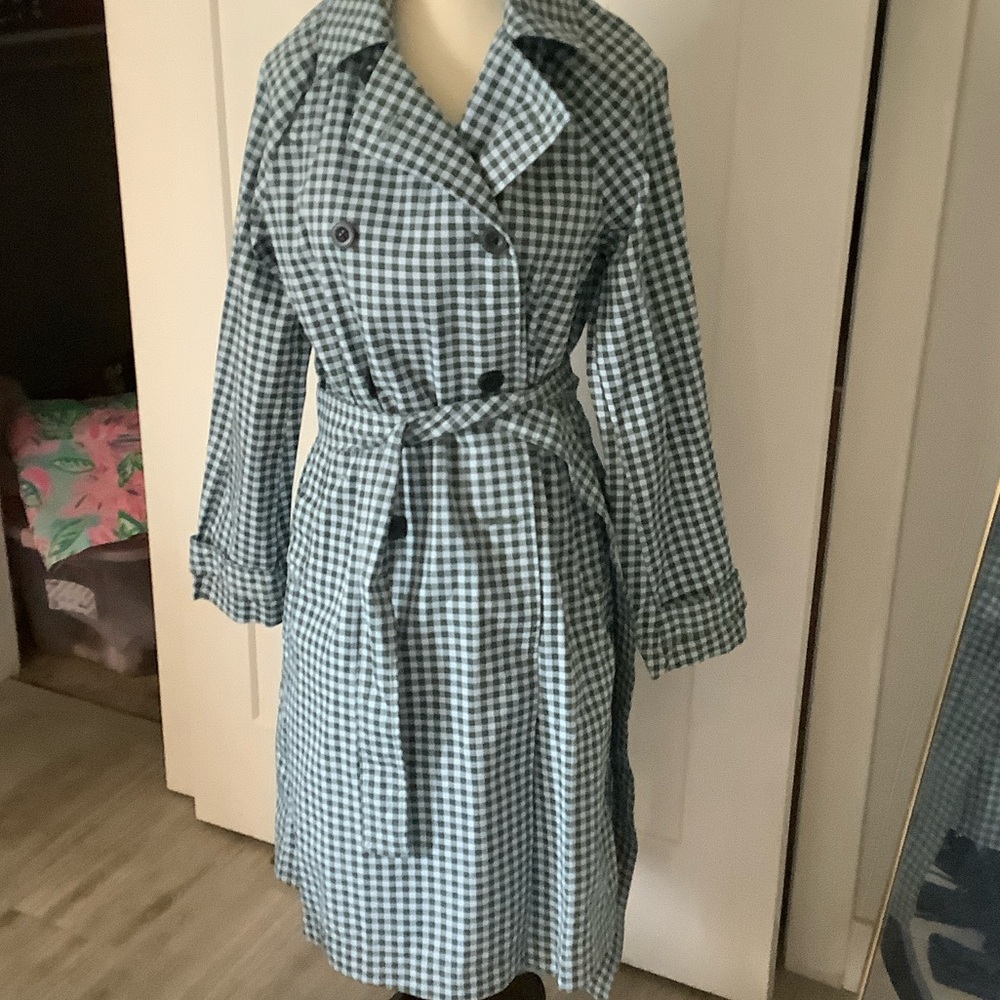 free Assembly Gingham Double-Breasted Trench Coat in Teal & blue